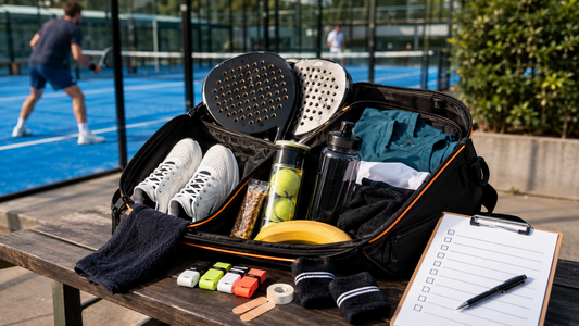 Open padeltas met padelrackets, schoenen, ballen, overgrips, handdoek, drinkbus en checklist voor een padel interclubwedstrijd.