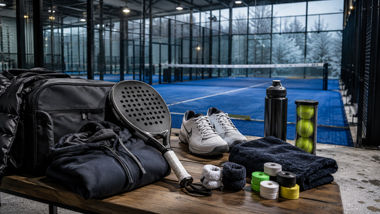ndoor padelbaan in winterse omstandigheden met padelracket, schoenen, ballen, overgrips, handdoek en warme sportkleding.